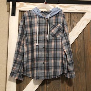 Plaid Button Down Hooded Shirt
